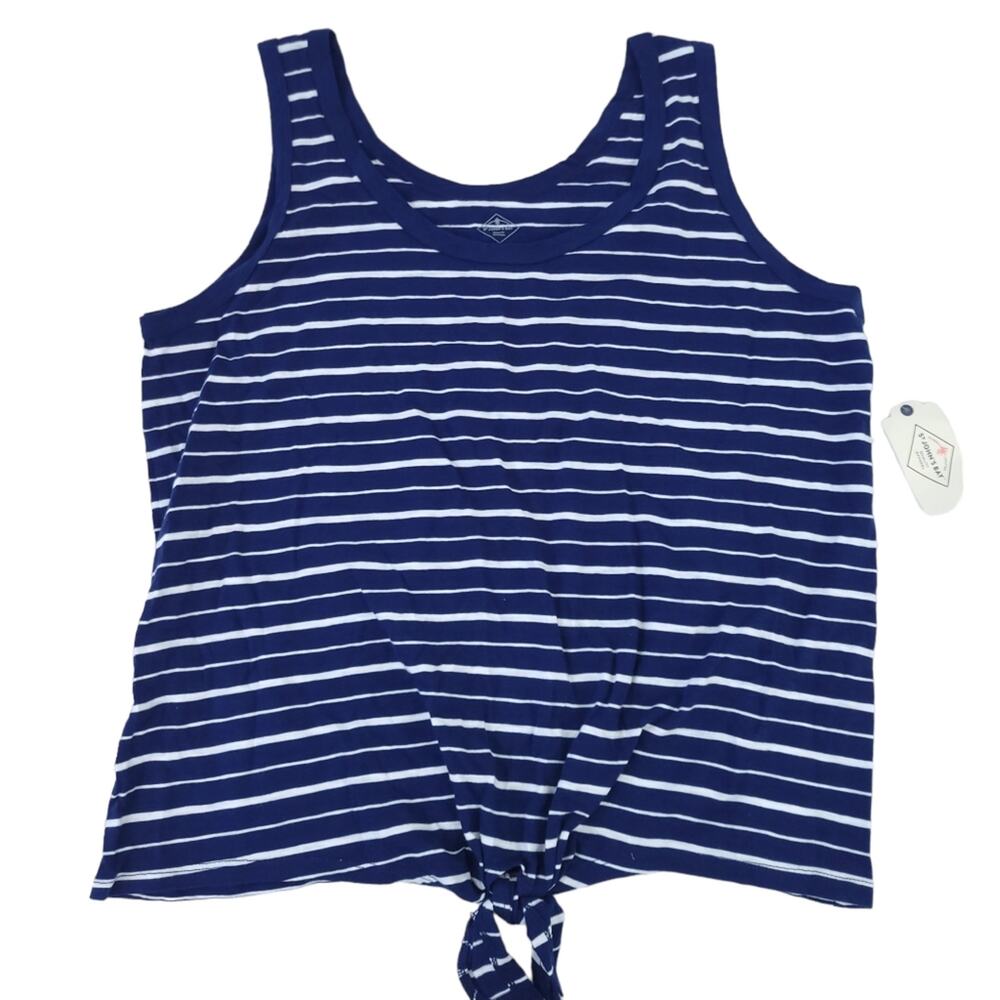 New St. Johns Bay Tank XL Blue White Stripe Sleeveless Top, Tie Front, Cotton